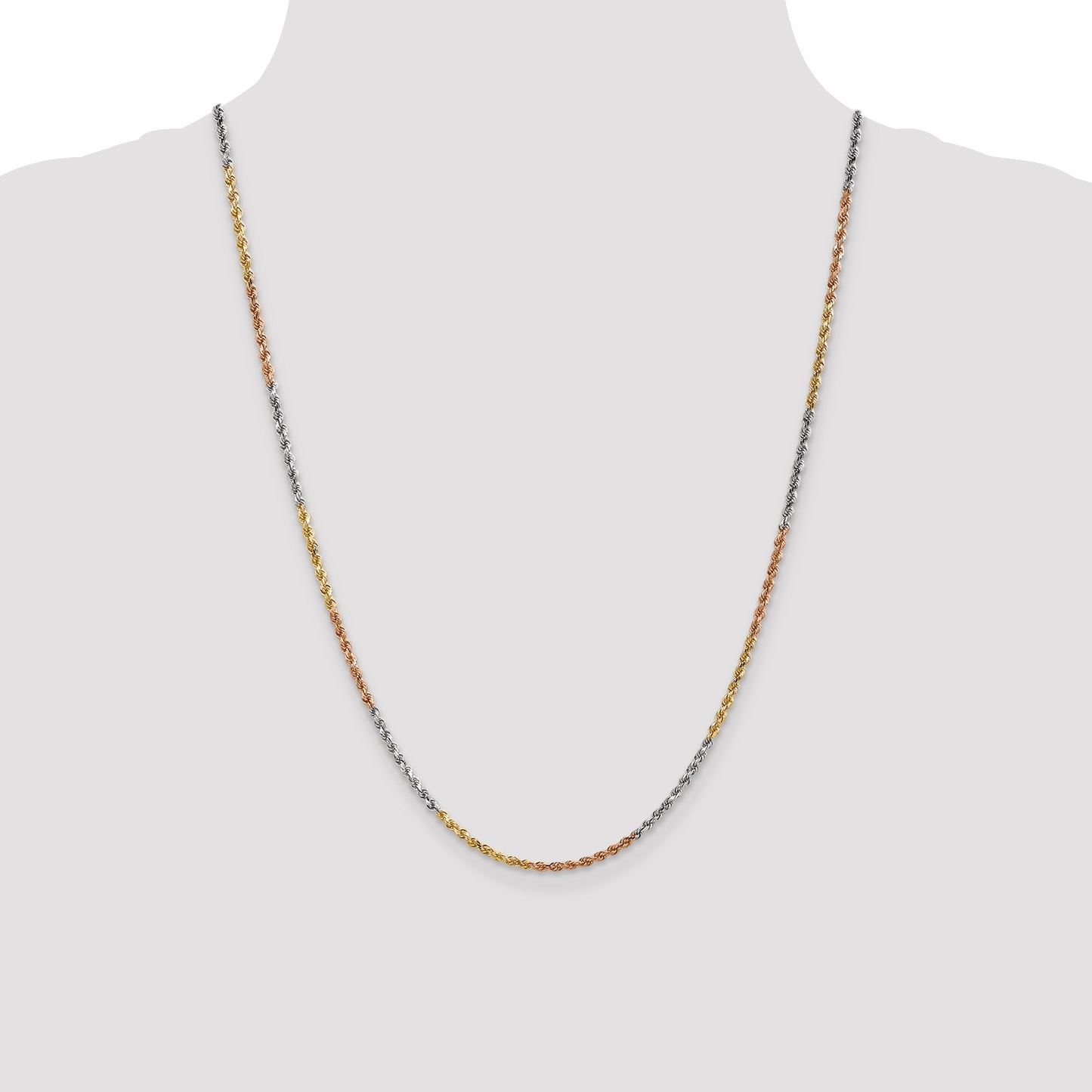 14K Tri-colored 24 inch 2.5mm Diamond-cut Rope with Lobster Clasp Chain
