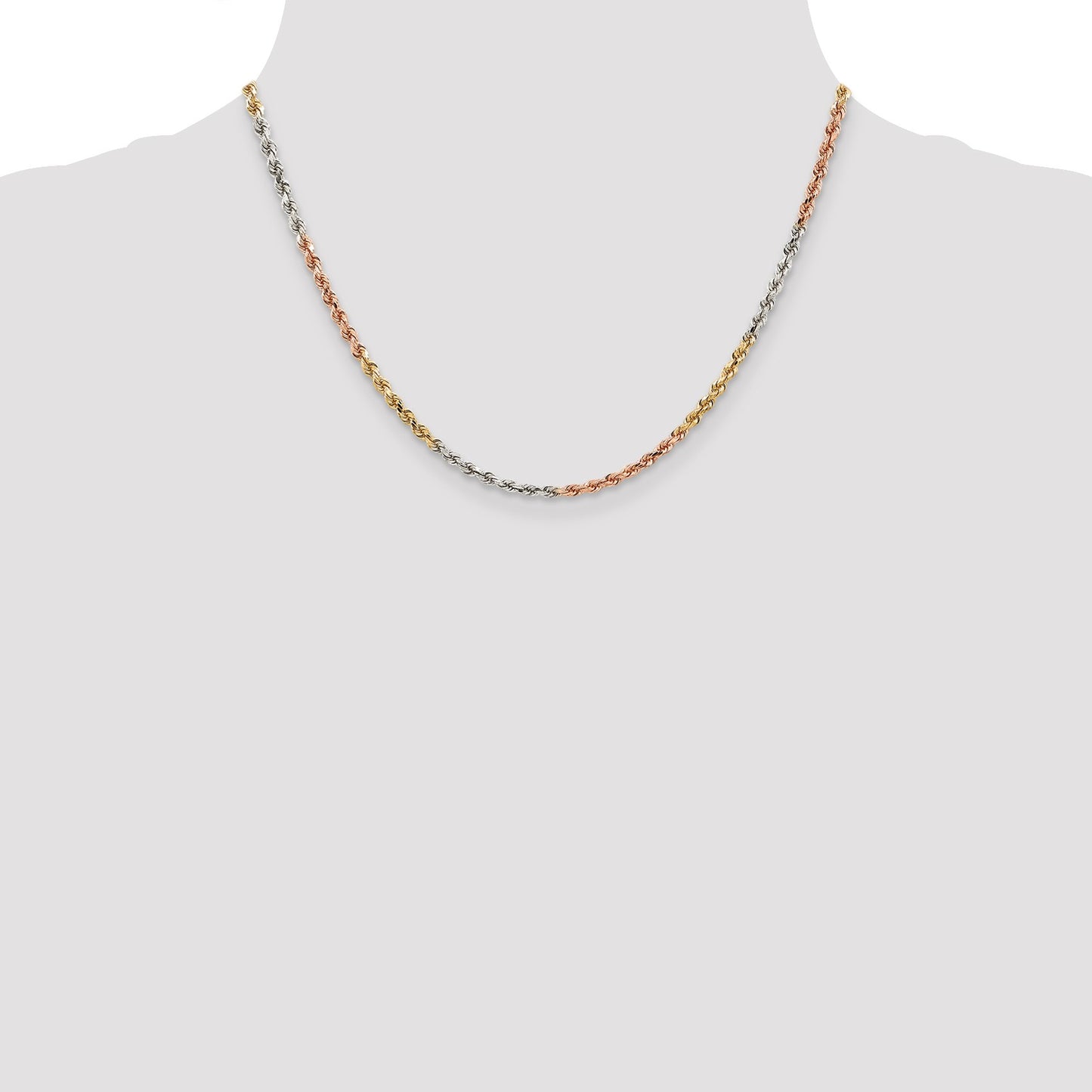14K Tri-colored 18 inch 2.9mm Diamond-cut Rope with Lobster Clasp Chain