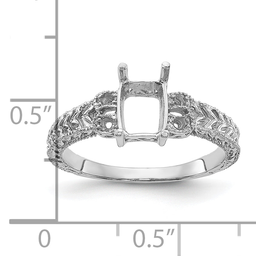 14k White Gold Holds 4-1.3mm Round and 1-7x5 Emerald-cut Gemstone Ring Mounting