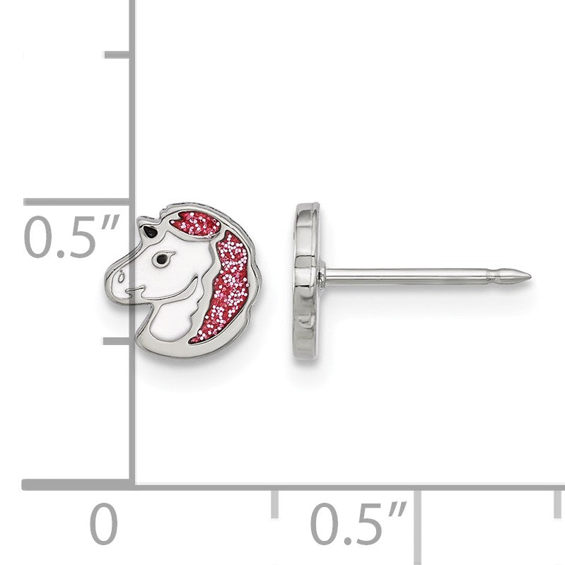 Inverness Stainless Steel White and Pink Glitter Enamel Unicorn Post Piercing Earrings