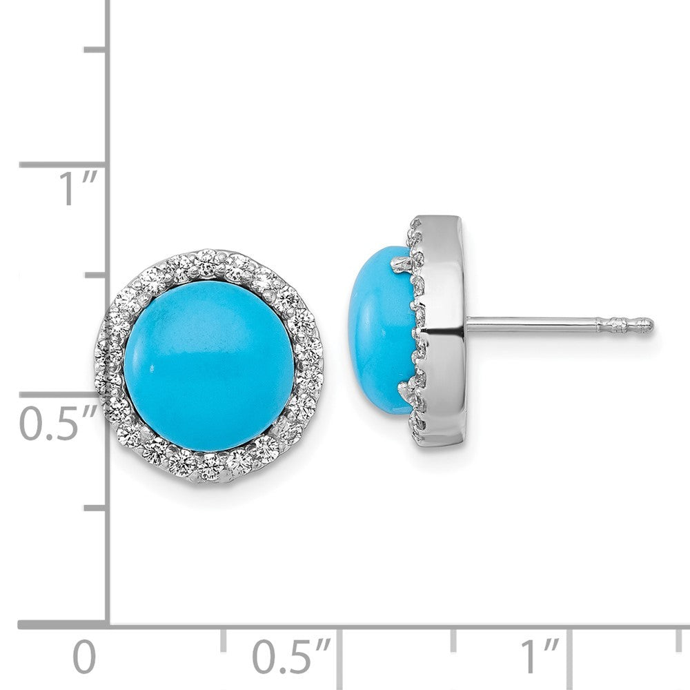 Sterling Silver Rhodium-plated CZ Halo and Turquoise Cabochon Circle Earrings