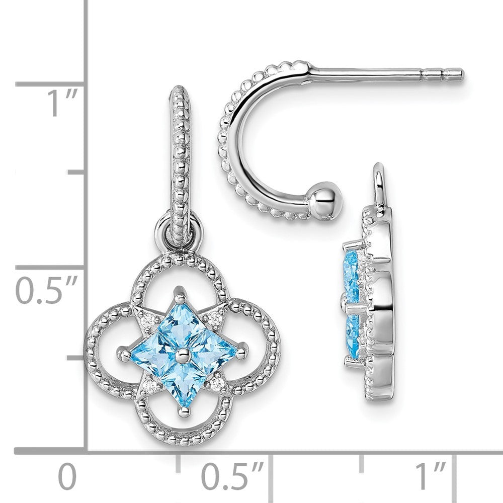 Sterling Silver Blue CZ Textured Removeable Clover J-Hoop Dangle Earrings