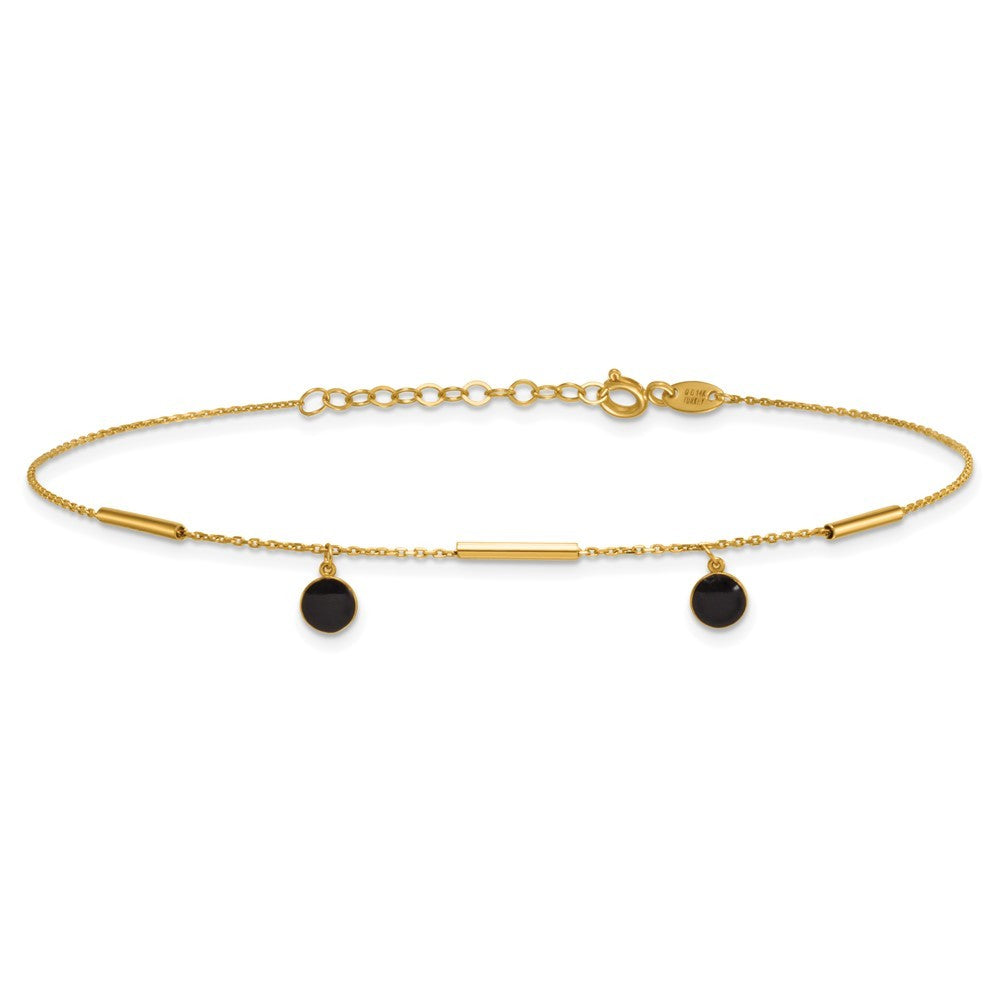 14k Yellow Gold Polished Round Onyx Dangles and Bars 10" Anklet