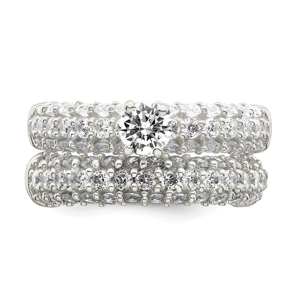 Sterling Silver Polished Pave CZ Wedding Ring Set Size 7