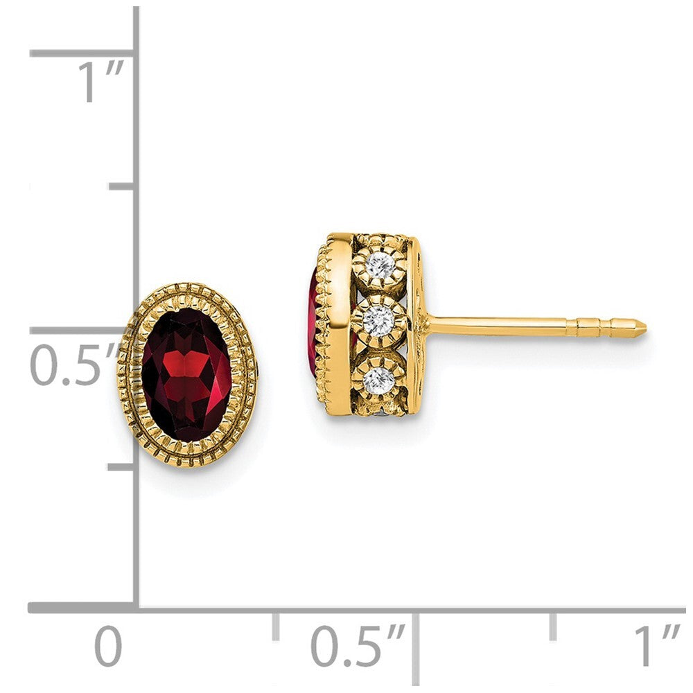 14k Yellow Gold Oval Garnet and Diamond Stud Earrings