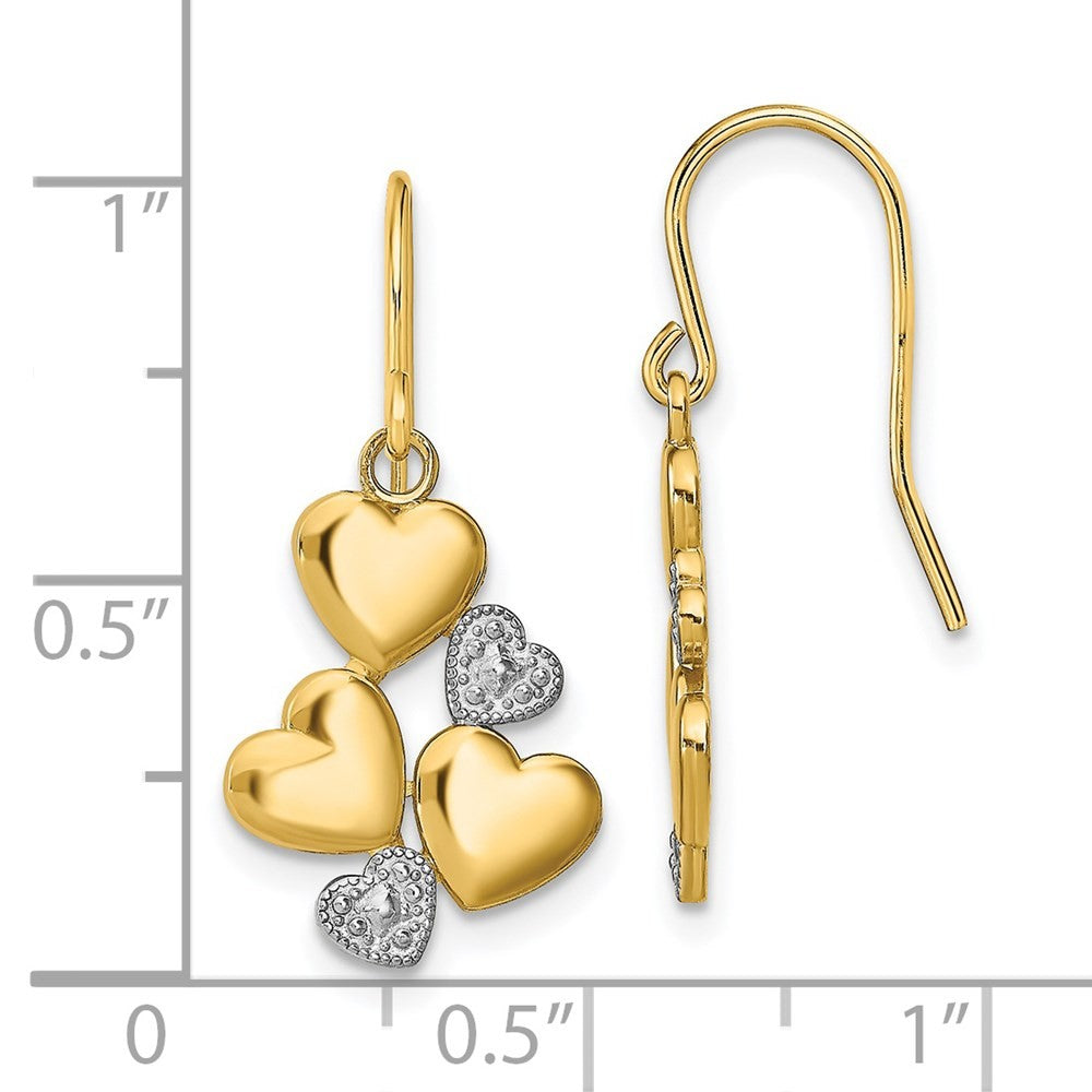 14k Yellow Gold w/Rhodium Polished Hearts Drop Dangle Earrings w/ Shepherd Hook