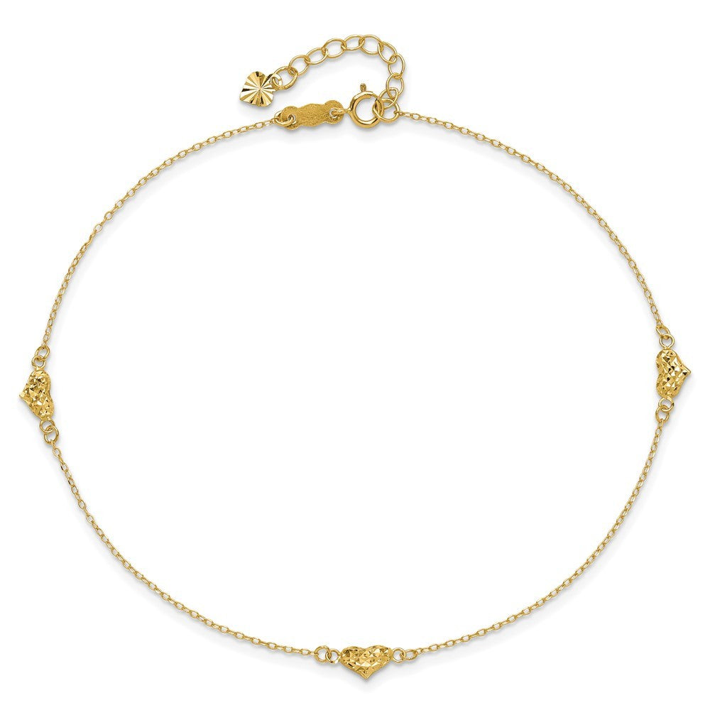 14k Yellow Gold Polished Diamond-cut Triple Puffed Hearts 11" Anklet