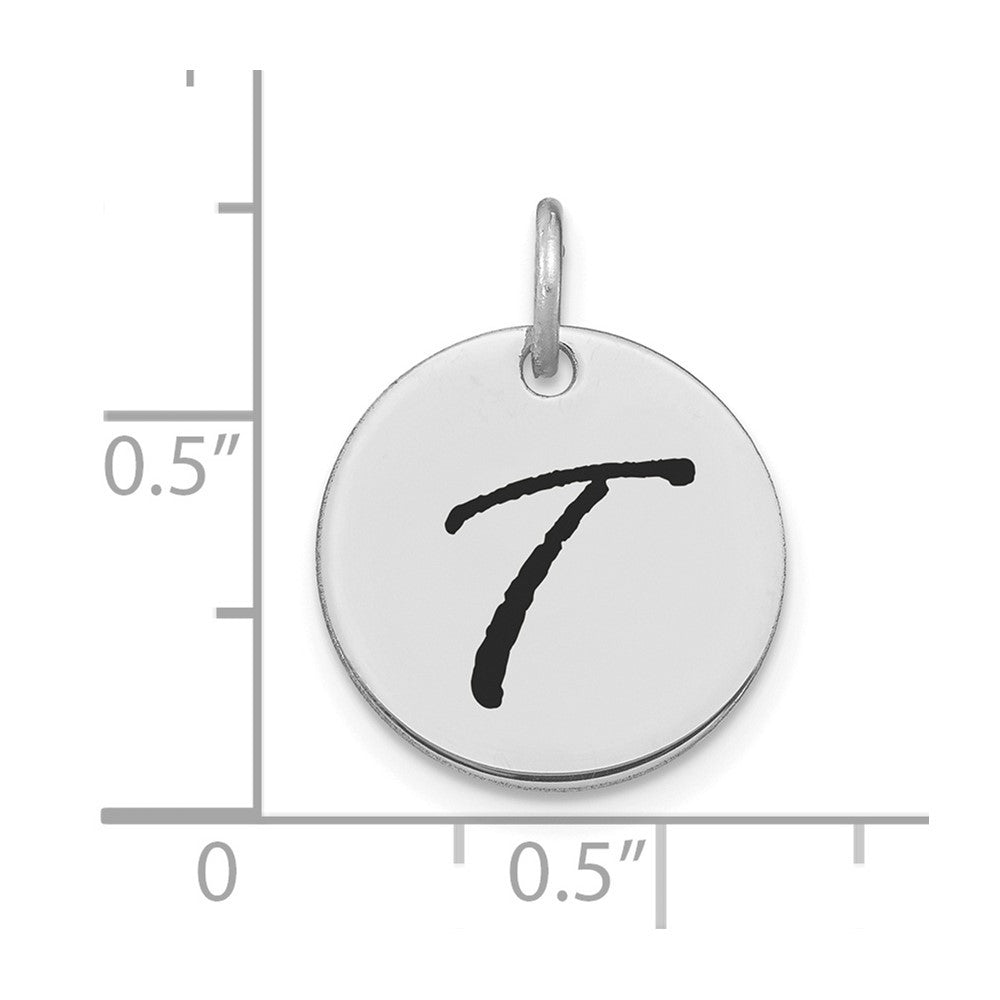 14K White Polished Black Enamel Letter T Initial Disk Charm