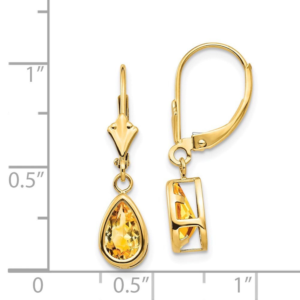 14k Yellow Gold 8x5mm Pear Citrine Dangle Earrings Leverback Gift for Women