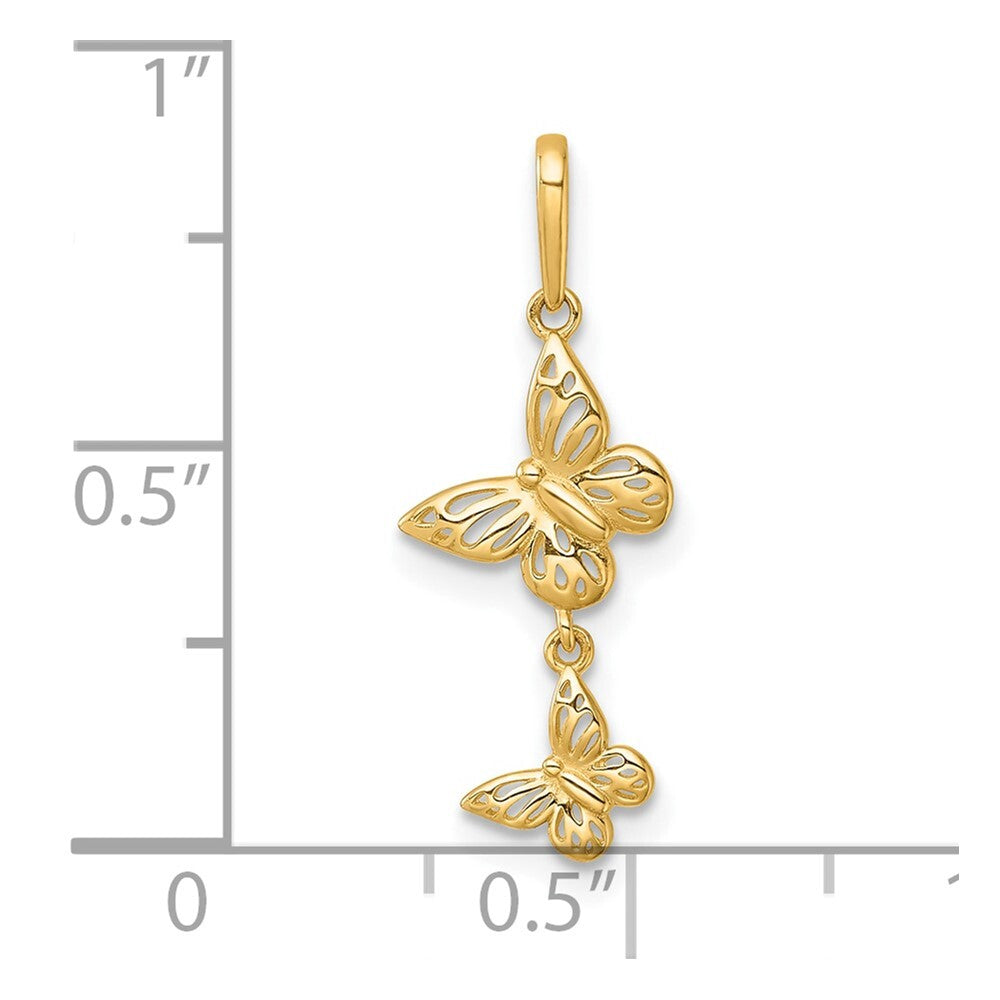 14k Yellow Gold Polished Double Butterfly Moveable Dangle Pendant for Women