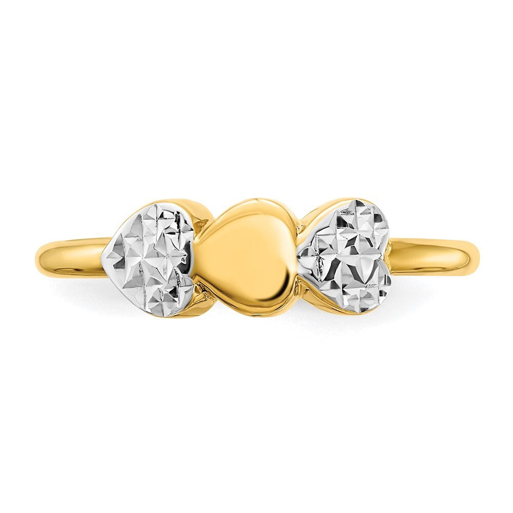 14K Yellow Gold & White Rhodium Diamond-Cut Hearts Ring Size 7