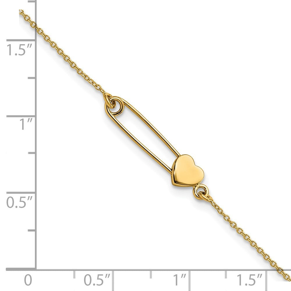14k Yellow Gold Safety Pin with Heart 7 inch Bracelet