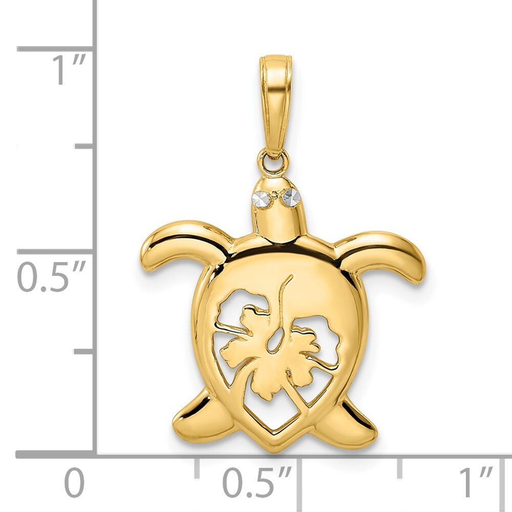 14k Yellow Gold and White Rhodium Diamond-cut Floral Turtle Pendant