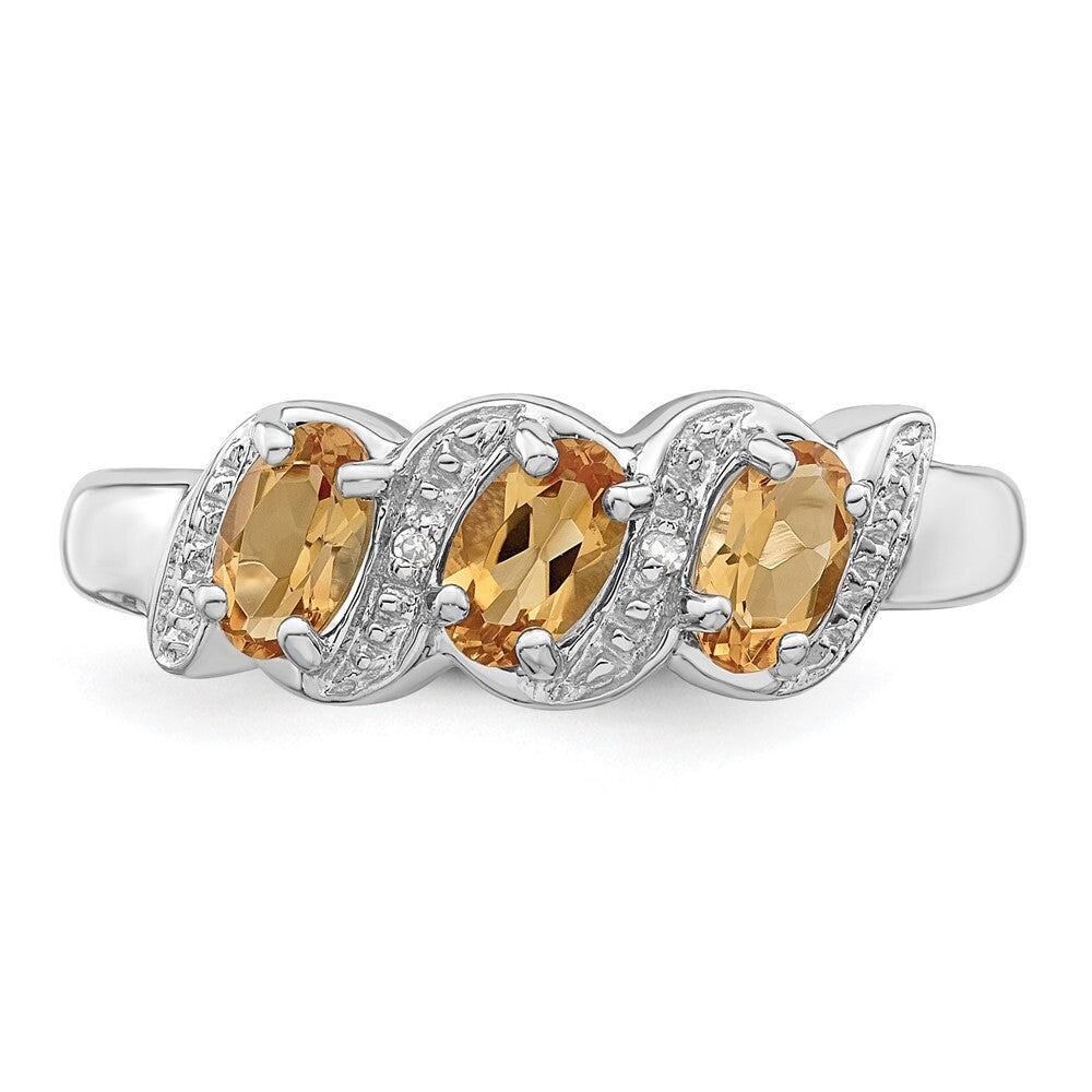 Sterling Silver Rhodium 3 Stone Citrine & Diamond Ring Size 8