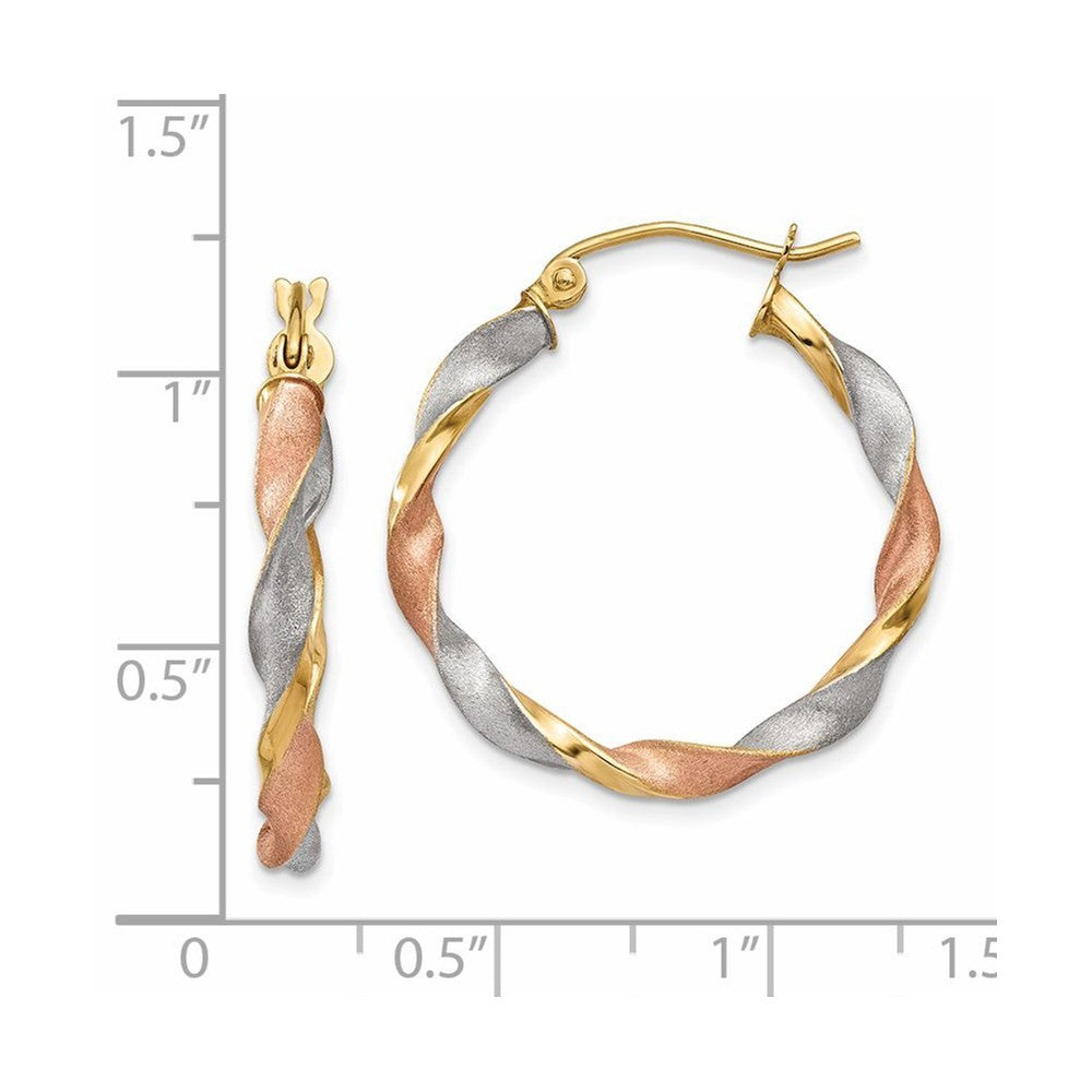 14k Yellow Gold White & Rose Rhodium Satin Twisted Hoop Earrings
