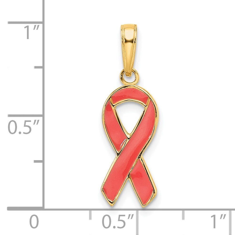 14k Yellow Gold Pink Enameled Awareness Ribbon Pendant for Women