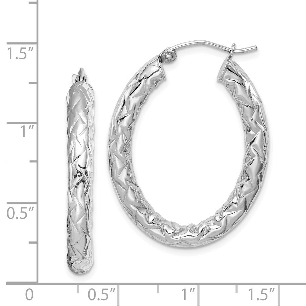 Sterling Silver RH-plated Diamond-cut Textured 4mm Oval Hoop Earrings