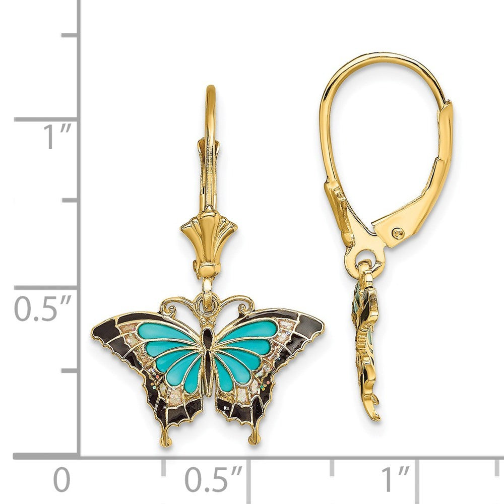 14k Yellow Gold w/Aqua Enameled Wings Butterfly Drop Dangle Earrings
