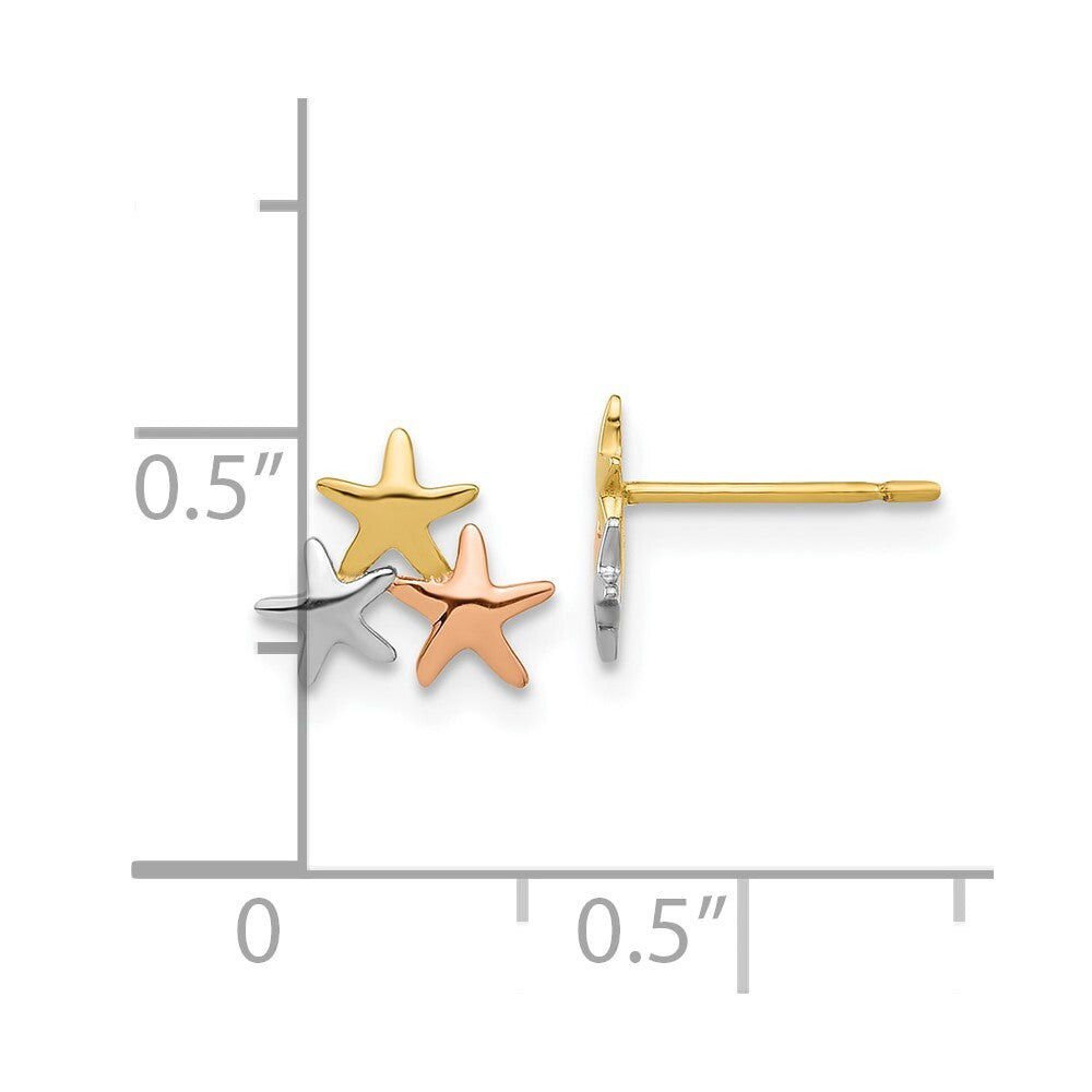 14k Yellow Gold with Rose and White Rhodium Polished Stars Stud Earrings