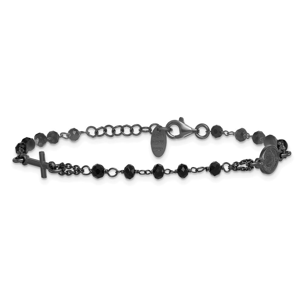 Sterling Silver Black Rhodium-plated Crystal Rosary Bracelet 7" w/ 0.75" ext