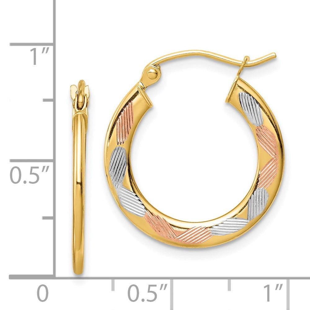 14k Yellow Gold w/White and Rose Rhodium Diamond-cut Hoop Earrings