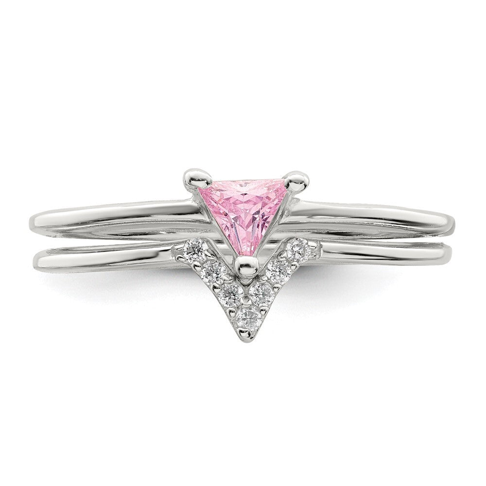 Sterling Silver Pink Trillion CZ and White CZ Ring Set Size 7