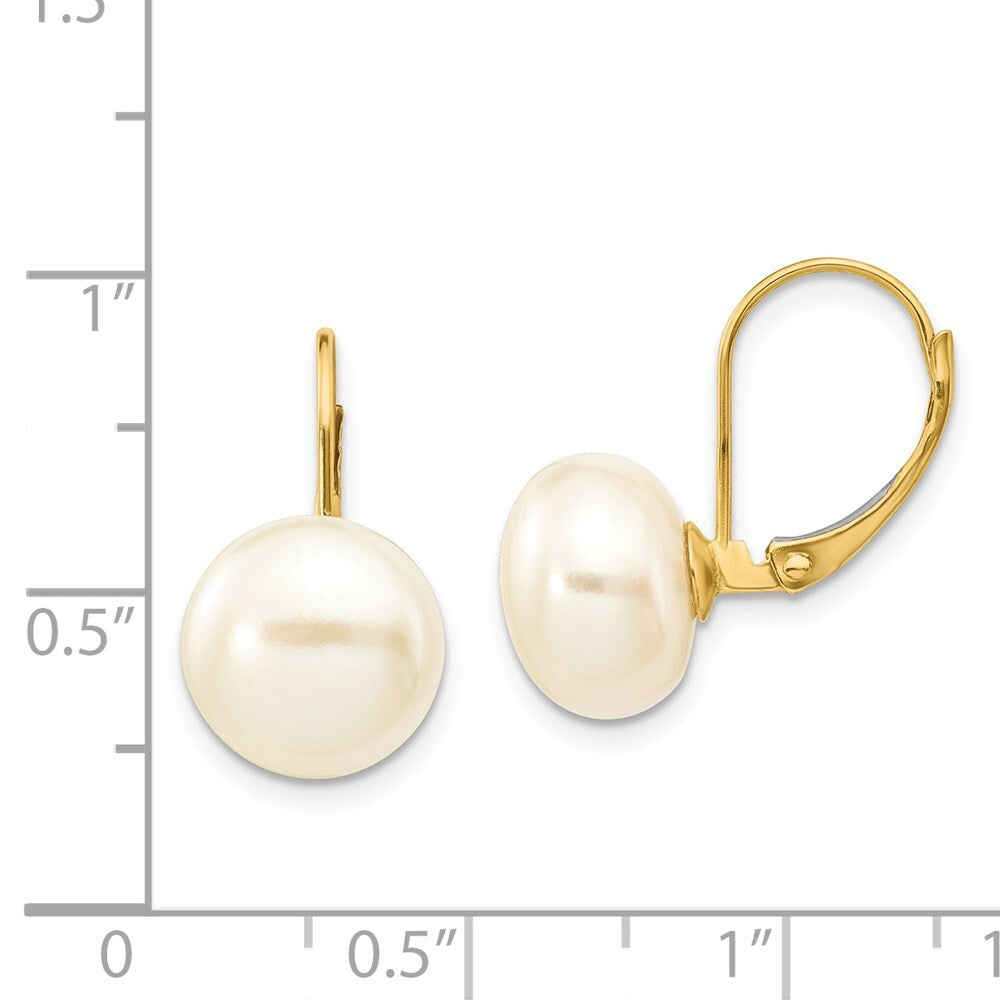 14k Yellow Gold 10-11mm Button Freshwater Cultured Pearl Leverback Earrings