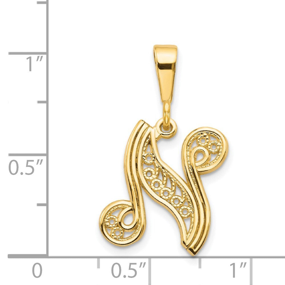 14k Yellow Gold Polished Script Filigree Letter N Initial Pendant for Women
