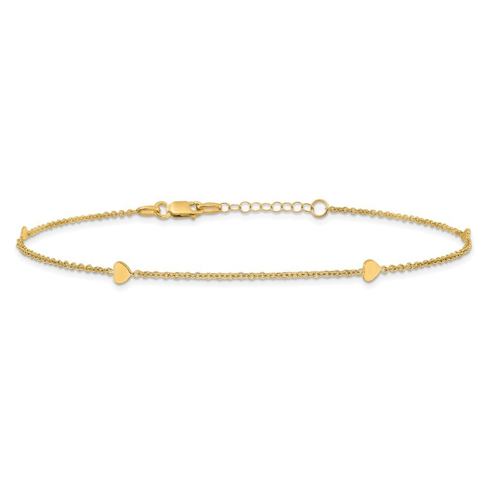 14k Yellow Gold Polished Hearts 4-Station 11" Anklet