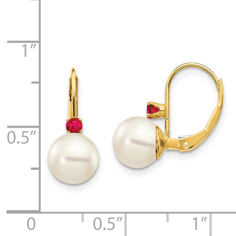 14k Yellow Gold 7-7.5mm White Round FW Cultured Pearl Ruby Leverback Earrings