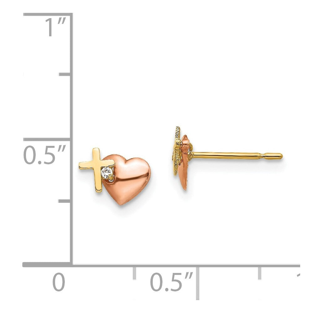 14k Yellow & Rose Gold Cubic Zirconia Heart and Cross Stud Earrings