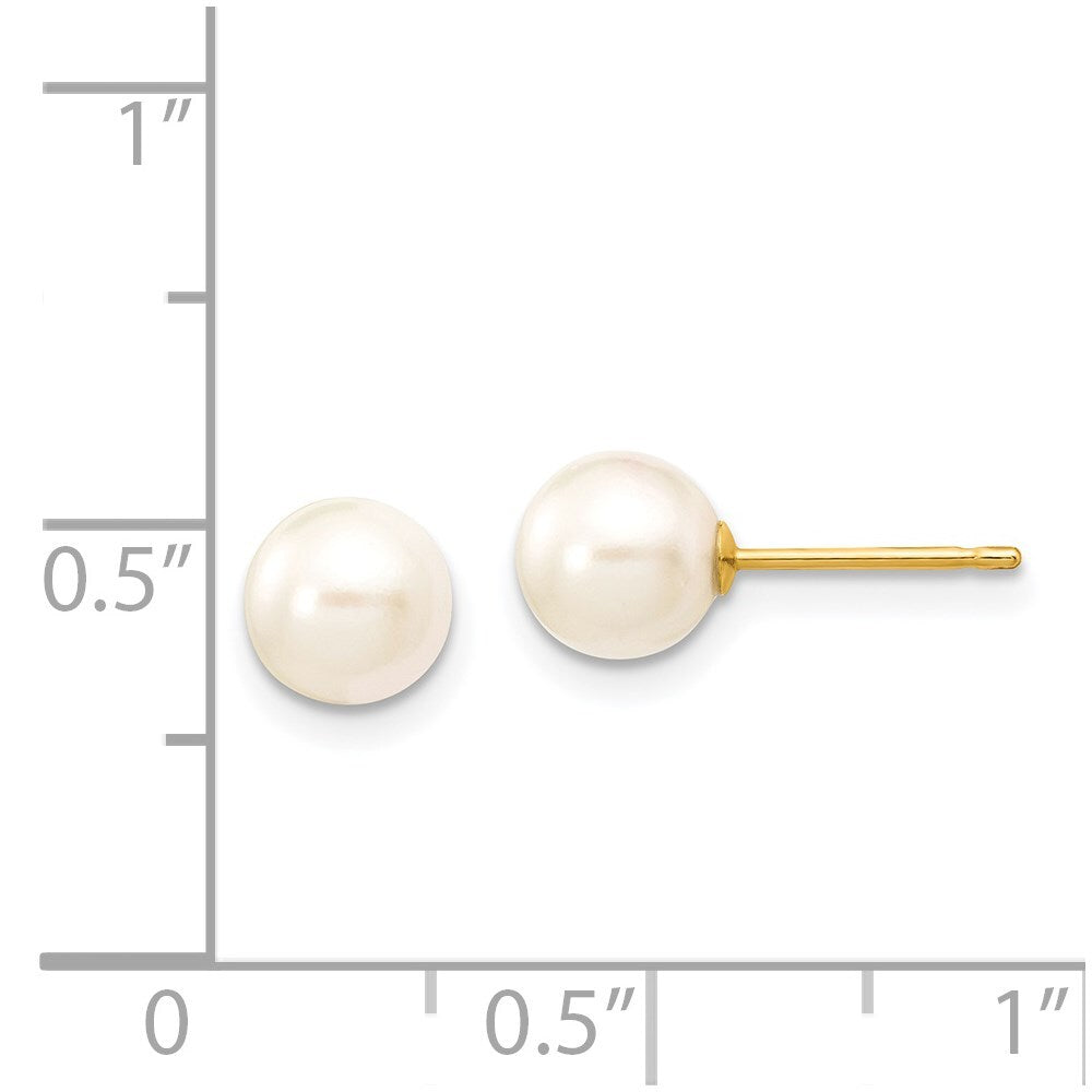 14k Yellow Gold 6-7mm White Round Akoya Saltwater Cultured Pearl Stud Earrings