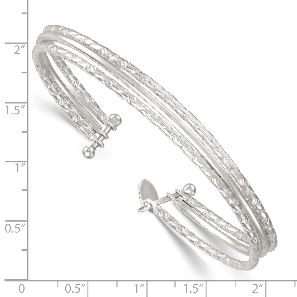 Sterling Silver Polished and Textured Triple Band Cuff Bangle Bracelet