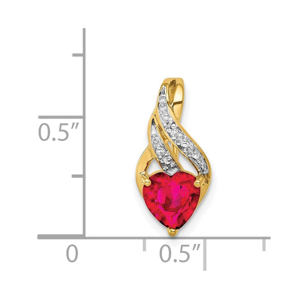 14k Yellow Gold Diamond and Created Ruby Polished Heart Pendant for Women