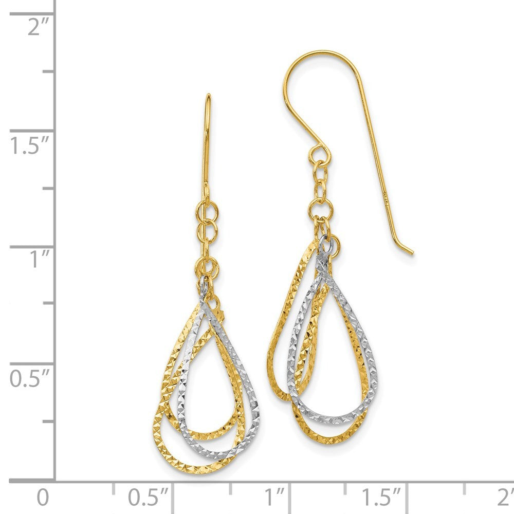 14K Two-tone Diamond Cut Tear Drop Drop Dangle Earrings w/ Shepherd Hook