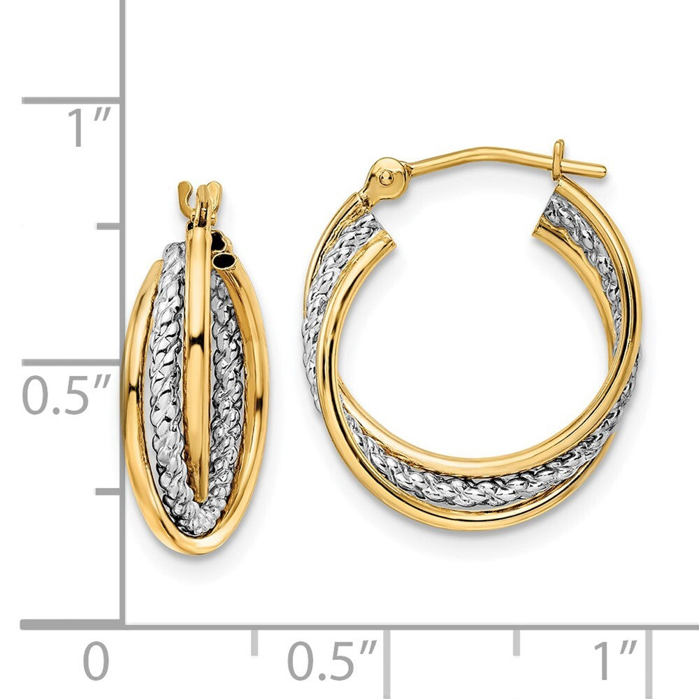 14k Yellow Gold White Rhodium Polished Textured Hoops Gift for Women