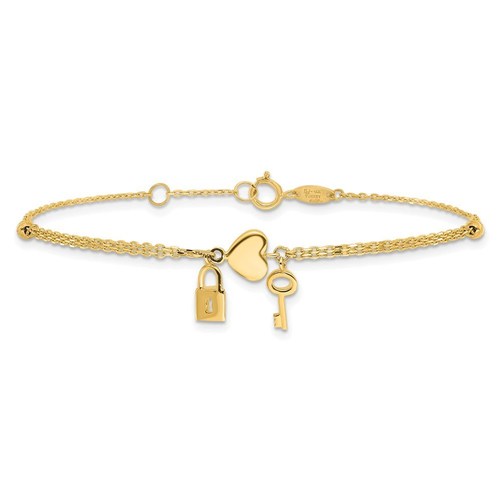 14k Yellow Gold Diamond-cut Heart Lock and Key 7" Bracelet Plus 0.5" Extender