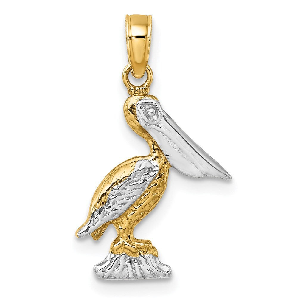14k Yellow Gold with White Rhodium 3-D Small Standing Pelican Charm Pendant