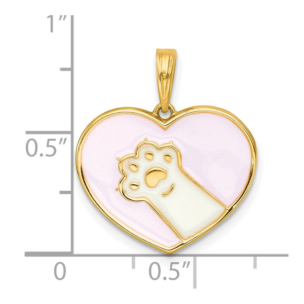 14k Yellow Gold Polished Enamel Paw In Heart Charm Pendant for Women