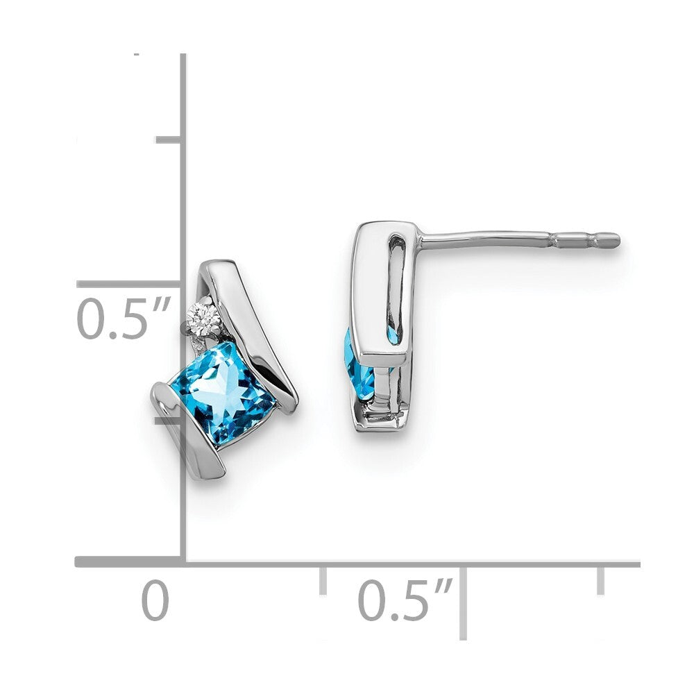 14K White Gold Cushion Blue Topaz and Diamond Stud Earrings Gift for Women