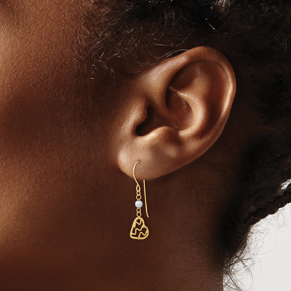 14k Two-tone Gold Satin Diamond-Cut Heart Dangle Shepherd Hook Earrings