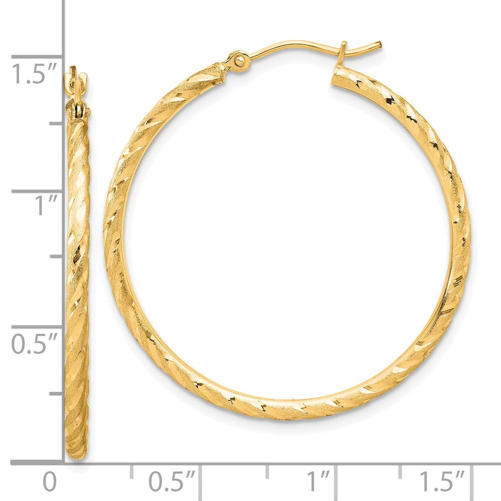14k Yellow Gold Polished and Satin Diamond-Cut 2mm Hoop Earrings