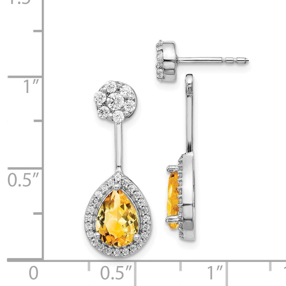 14k White Gold Diamond/Pear Citrine Front/Back Drop & Dangle Earrings