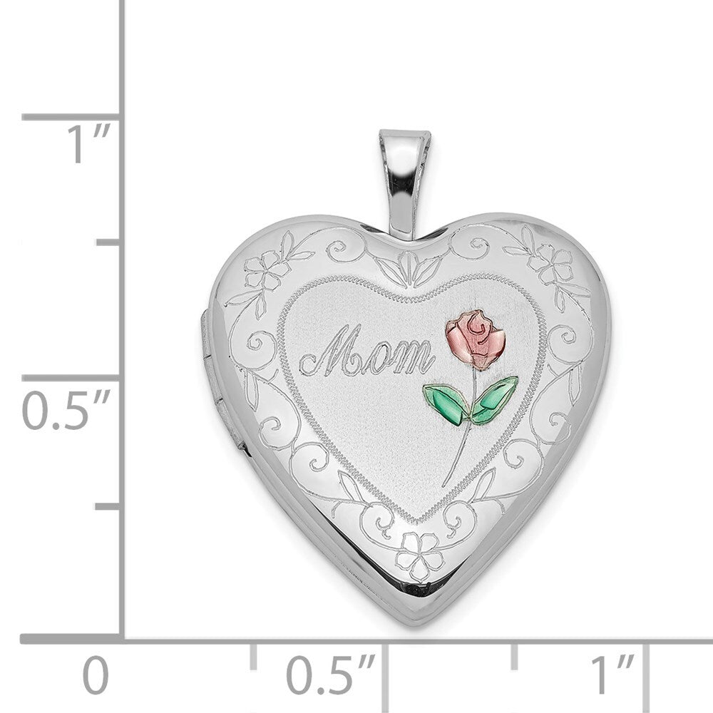 Sterling Silver Rhod-plated 20mm Diamond-cut & Enameled Mom Rose Heart Locket