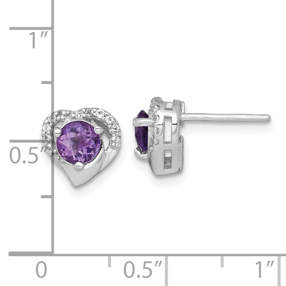 Sterling Silver Rhodium-plated Polished Amethyst and White Topaz Heart Earrings