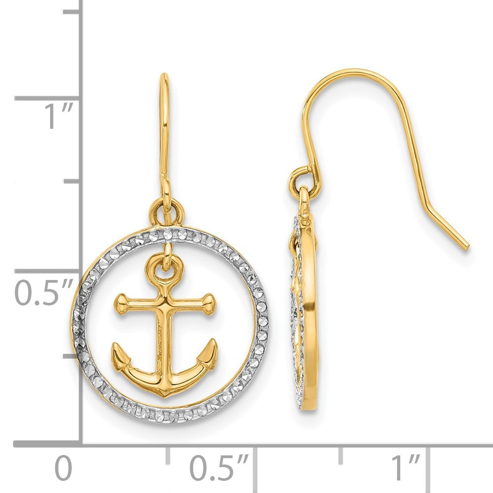 14k Yellow Gold and White Rhodium Diamond-Cut Anchor Circle Dangle Earrings