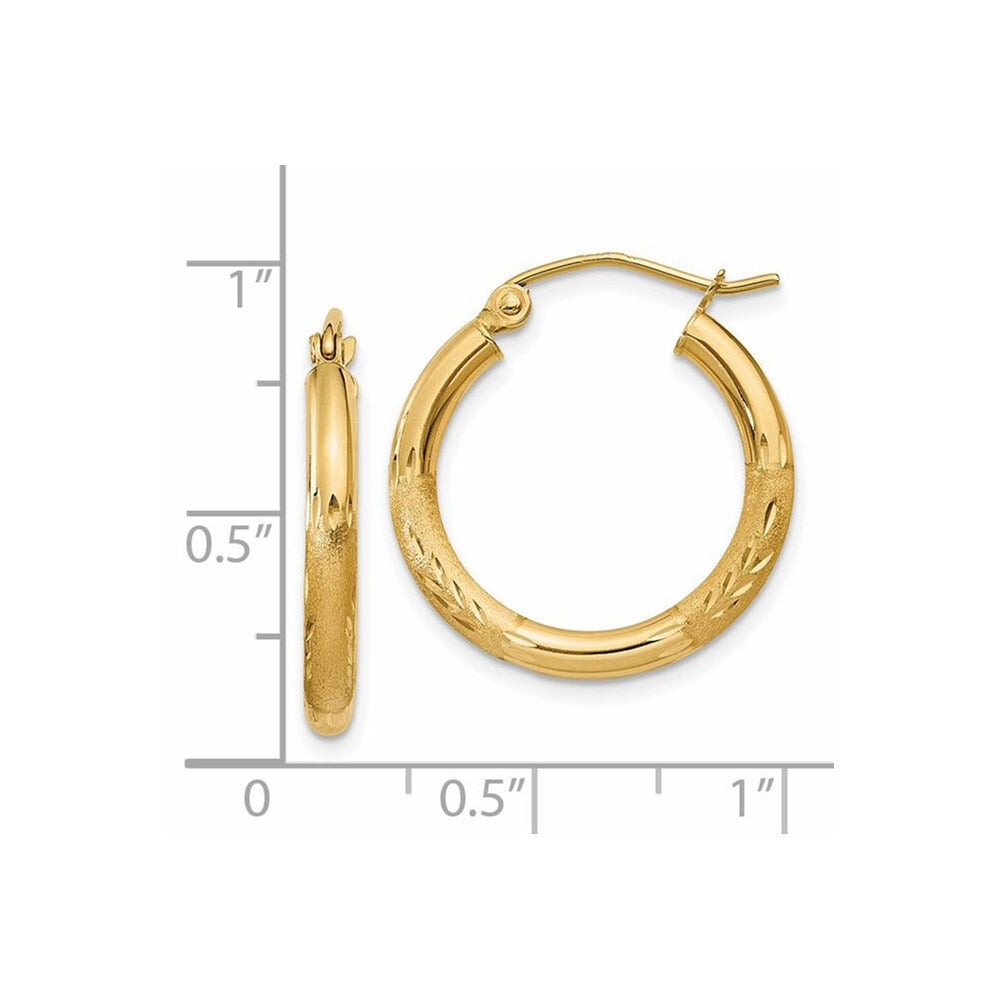 14k Yellow Gold Satin and Diamond-cut 2.5mm Round Hoop Earrings Gift for Women