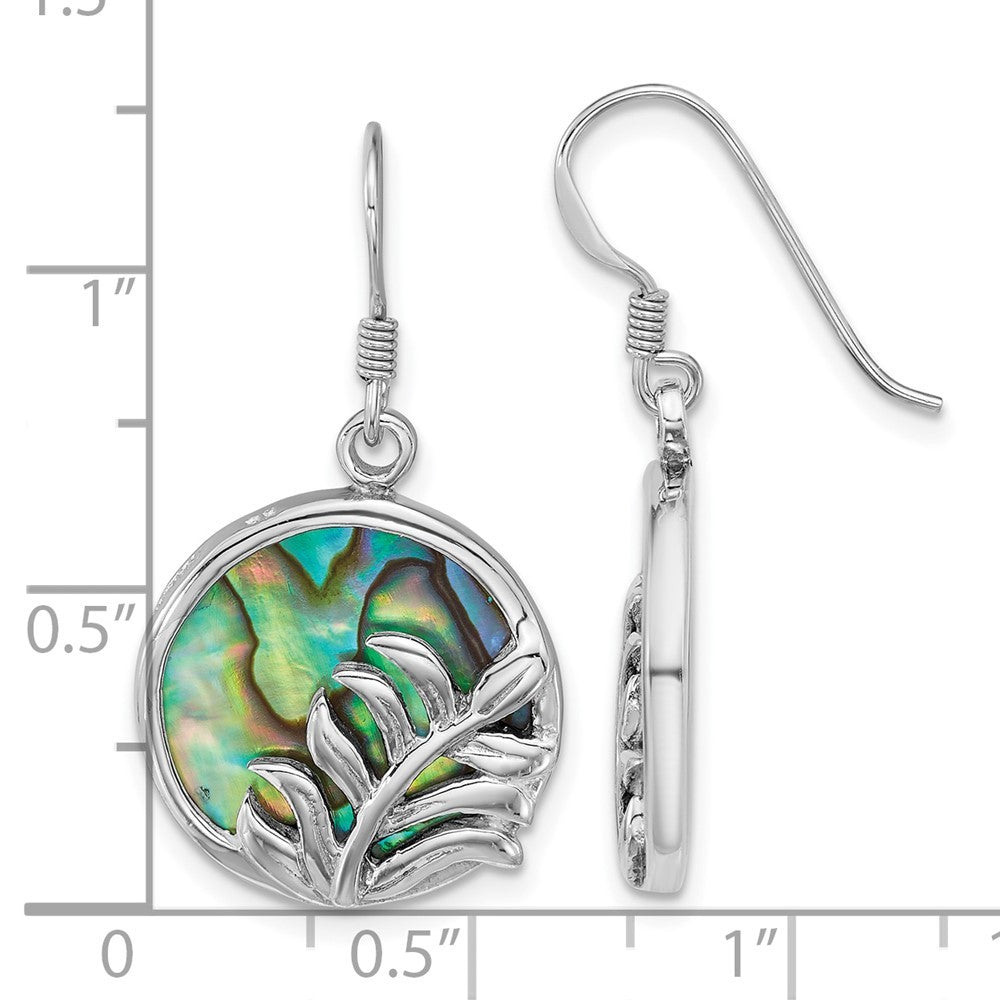 Sterling Silver Polished Round Abalone with Leaves Dangle Shepherd Hook Earrings