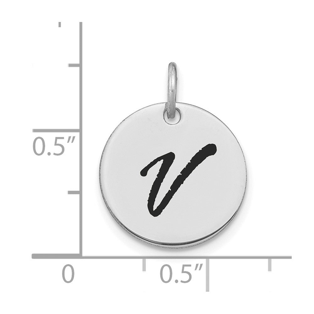 14K White Polished Black Enamel Letter V Initial Disk Charm
