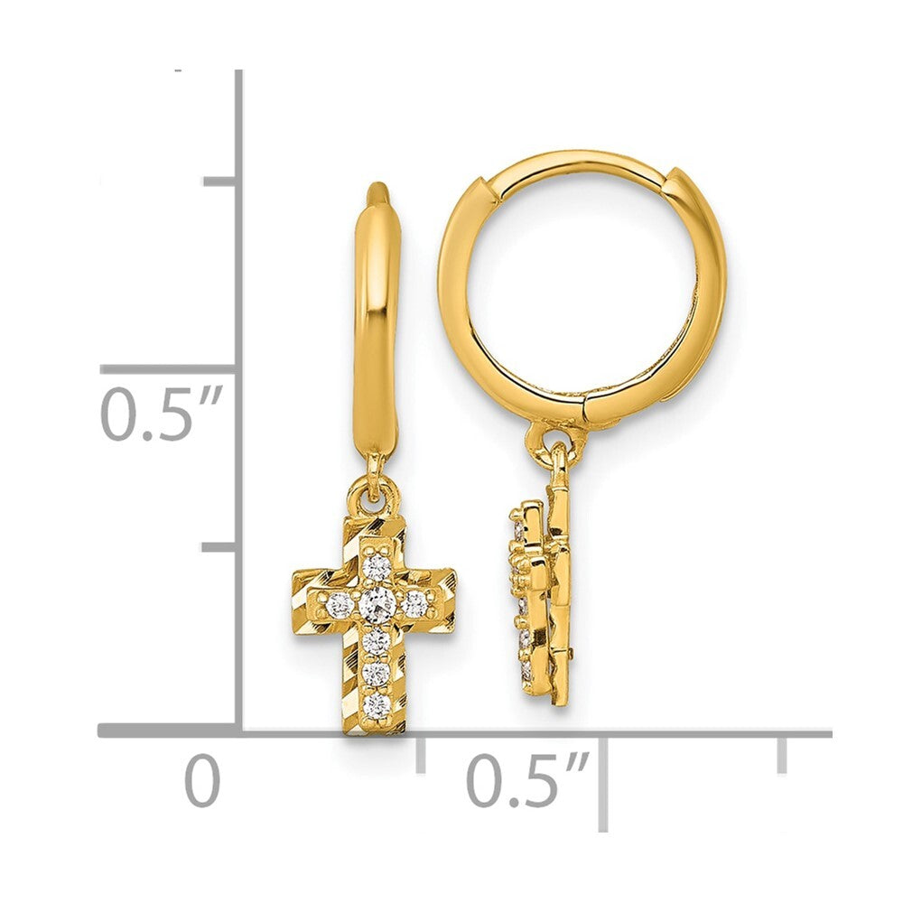 14k Yellow Gold Polish D/C & Cubic Zirconia Dangle Cross Hinged Hoop Earrings